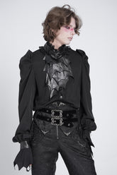 Black Stand Collar Long Puff Sleeves Men's Gothic Batlike Blouse